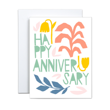 Load image into Gallery viewer, yellow, salmon, light green, blue, and light pink floral shapes with light green text saying 'happy anniversary' on white background greeting card
