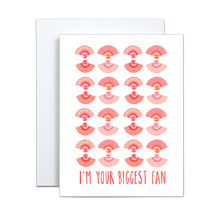 Load image into Gallery viewer, grid of pink fan illustrations on a white background with 'i'm your biggest fan' at the bottom in pink greeting card