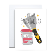 Load image into Gallery viewer, illustration of a typical scraper and small tub of spackle with yellow stars and 'you are spacktacular' written in black thin font across greeting card