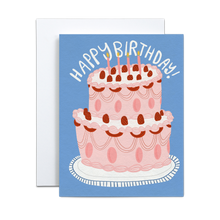 Load image into Gallery viewer, pink cake with pink and red icing details with red raspberries and pink candles on top on abstract white platter and blue background with the phrase 'happy birthday' in hand written font on top birthday card