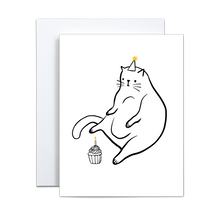 Load image into Gallery viewer, fat cat sitting with cupcake birthday greeting card
