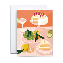 Load image into Gallery viewer, pink cake with candles and various citrus fruits and bubbly drink feast birthday greeting card