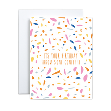 Load image into Gallery viewer, circular orange, pink, blue, light blue, and yellow confetti pattern with 'it's your birthday throw some confetti' message in the middle in orange thin text birthday greeting card