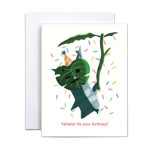 Load image into Gallery viewer, korok with pinwheel leaf with confetti and a birthday hat on saying catchphrase 'yahaha!' followed with 'it's your birthday!' birthday greeting card