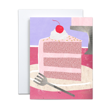 Load image into Gallery viewer, pink cake with cherry on top and silver fork birthday greeting card