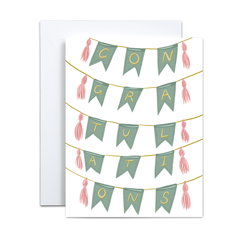 light teal banner strung multiple times with pink tassels with yellow letters spelling out 'congratulations' on each individual banner greeting card