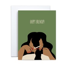 Load image into Gallery viewer, girl with black hair cutting bangs herself with red scissors and a red comb on a green background with 'happy breakup' written in beige at the top greeting card