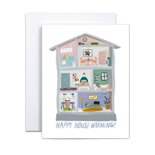 Load image into Gallery viewer, illustrated dollhouse with numerous types of rooms with 'happy housewarming' in blue at the bottom greeting card