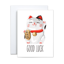 Load image into Gallery viewer, illustration of maneki neko figuring on a white background with 'good luck' written in black below greeting card
