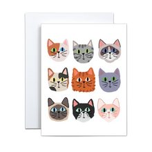 Load image into Gallery viewer, nine whimsical varying breed cat faces on a grid on a white background greeting card