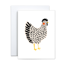 Load image into Gallery viewer, whimsical beige and black chicken illustration with a red circle on the cheek and yellow beak and feet on a white background greeting card
