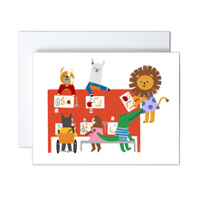 Load image into Gallery viewer, whimsical illustration of animal kids eating lunch in a school cafeteria on a white background greeting card