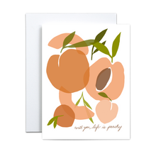 Load image into Gallery viewer, various peach shapes overlapping each other on a white background with hand written font saying 'with you life is peachy' at the bottom in dark brown greeting card