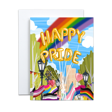Load image into Gallery viewer, pride parade during a bright and sunny day with yellow balloons spelling out 'happy pride' over numerous pride flags and a rainbow in the background greeting card