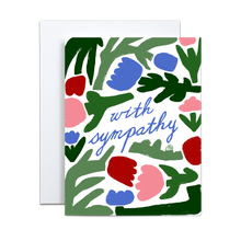 Load image into Gallery viewer, floral block pattern with green stems and foliage and red, pink, and blue flowers with 'with sympathy' in blue script font in the middle greeting card