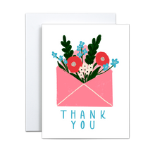 Load image into Gallery viewer, pink envelope with dark pink, white, and blue flowers and green foliage coming out with 'thank you' written in blue at the bottom greeting card