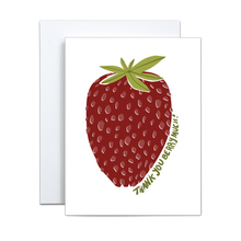 Load image into Gallery viewer, illustration of a red strawberry with green leaves on a white background with 'thank you berry much' written alongside greeting card