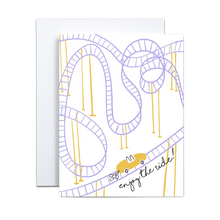 Load image into Gallery viewer, linework based illustration of a purple and yellow rollercoaster with a yellow cart with two shapes and wedding cans trailing off the back with 'enjoy the ride' along the bottom greeting card