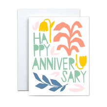 Load image into Gallery viewer, yellow, salmon, light green, blue, and light pink floral shapes with light green text saying &#39;happy anniversary&#39; on white background greeting card
