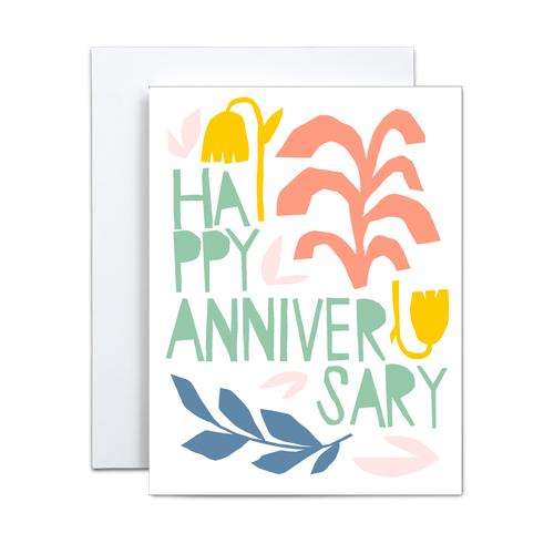 yellow, salmon, light green, blue, and light pink floral shapes with light green text saying 'happy anniversary' on white background greeting card