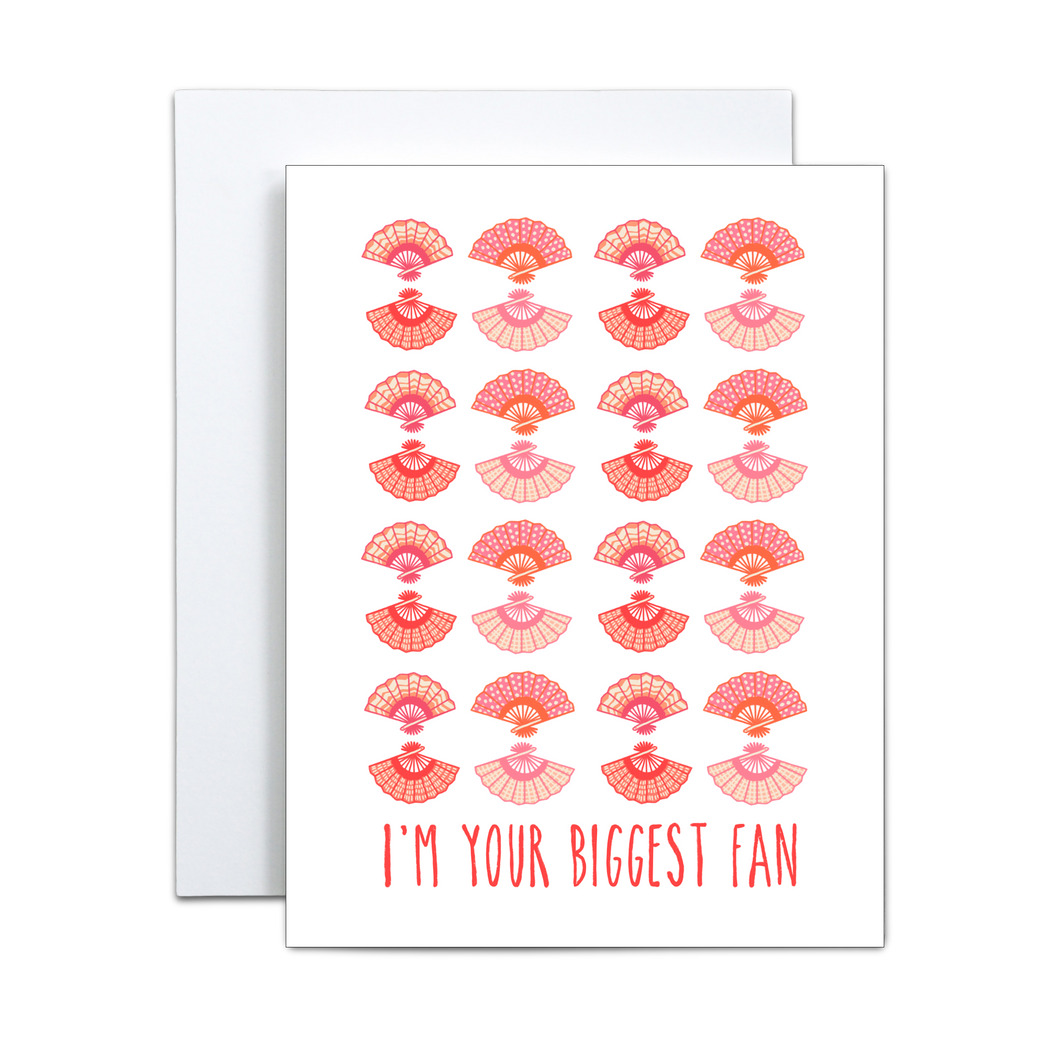 grid of pink fan illustrations on a white background with 'i'm your biggest fan' at the bottom in pink greeting card