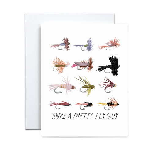illustration of 12 fly ties on a white background with 'you're a pretty fly guy' written in thin black text at the bottom greeting card