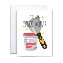 Load image into Gallery viewer, illustration of a typical scraper and small tub of spackle with yellow stars and &#39;you are spacktacular&#39; written in black thin font across greeting card
