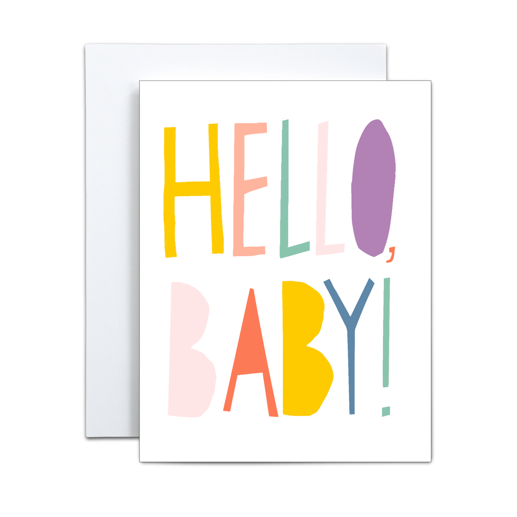 pastel colorful handdrawn block style text saying 'hello, baby' covering the front on a white background greeting card