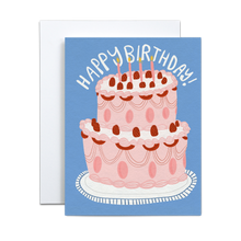 Load image into Gallery viewer, pink cake with pink and red icing details with red raspberries and pink candles on top on abstract white platter and blue background with the phrase &#39;happy birthday&#39; in hand written font on top birthday card
