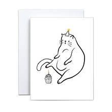 Load image into Gallery viewer, fat cat sitting with cupcake birthday greeting card
