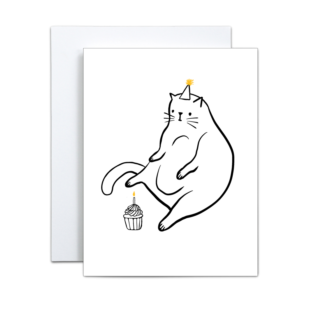 fat cat sitting with cupcake birthday greeting card