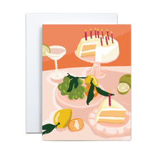 Load image into Gallery viewer, pink cake with candles and various citrus fruits and bubbly drink feast birthday greeting card

