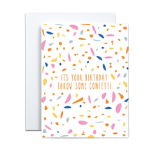Load image into Gallery viewer, circular orange, pink, blue, light blue, and yellow confetti pattern with &#39;it&#39;s your birthday throw some confetti&#39; message in the middle in orange thin text birthday greeting card
