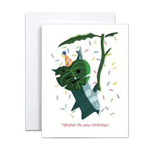 Load image into Gallery viewer, korok with pinwheel leaf with confetti and a birthday hat on saying catchphrase &#39;yahaha!&#39; followed with &#39;it&#39;s your birthday!&#39; birthday greeting card
