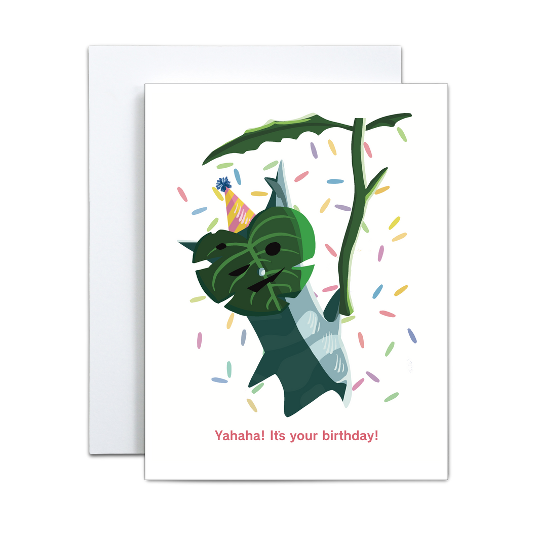 korok with pinwheel leaf with confetti and a birthday hat on saying catchphrase 'yahaha!' followed with 'it's your birthday!' birthday greeting card