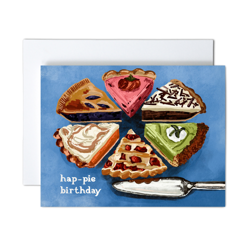 six pieces of various types of pie on a blue background with a silver pie cutter with the pun 'hap-pie birthday on bottom left side birthday greeting card