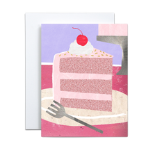 Load image into Gallery viewer, pink cake with cherry on top and silver fork birthday greeting card
