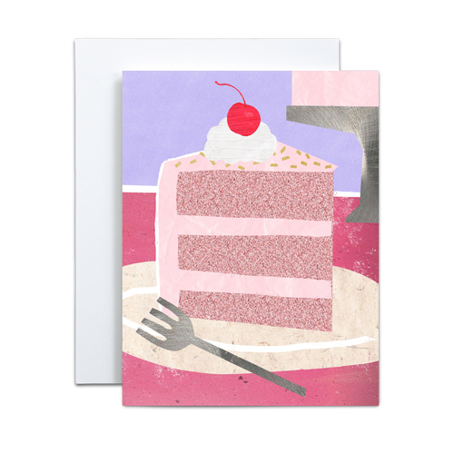 pink cake with cherry on top and silver fork birthday greeting card