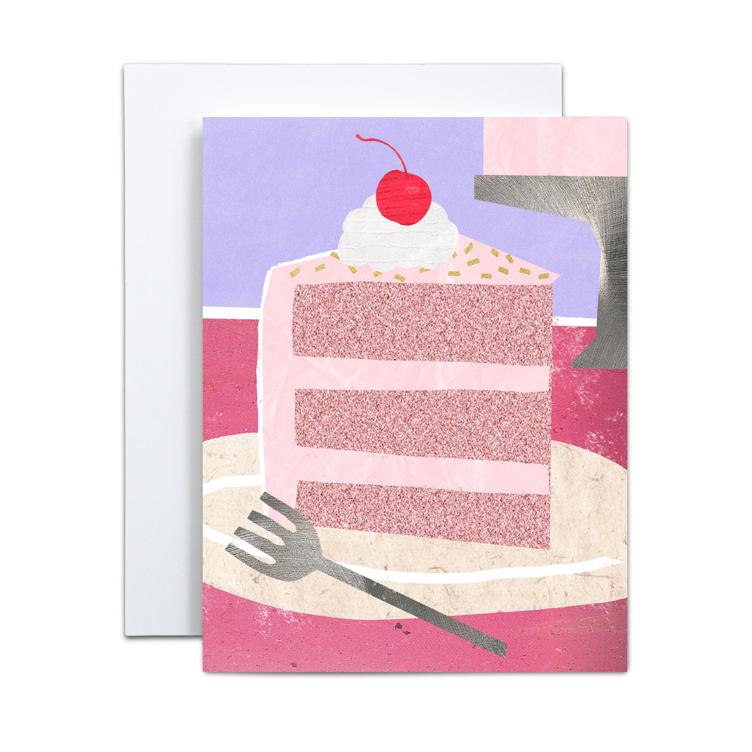 pink cake with cherry on top and silver fork birthday greeting card