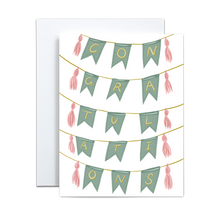 Load image into Gallery viewer, light teal banner strung multiple times with pink tassels with yellow letters spelling out &#39;congratulations&#39; on each individual banner greeting card
