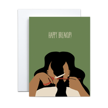 Load image into Gallery viewer, girl with black hair cutting bangs herself with red scissors and a red comb on a green background with &#39;happy breakup&#39; written in beige at the top greeting card
