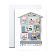 Load image into Gallery viewer, illustrated dollhouse with numerous types of rooms with &#39;happy housewarming&#39; in blue at the bottom greeting card
