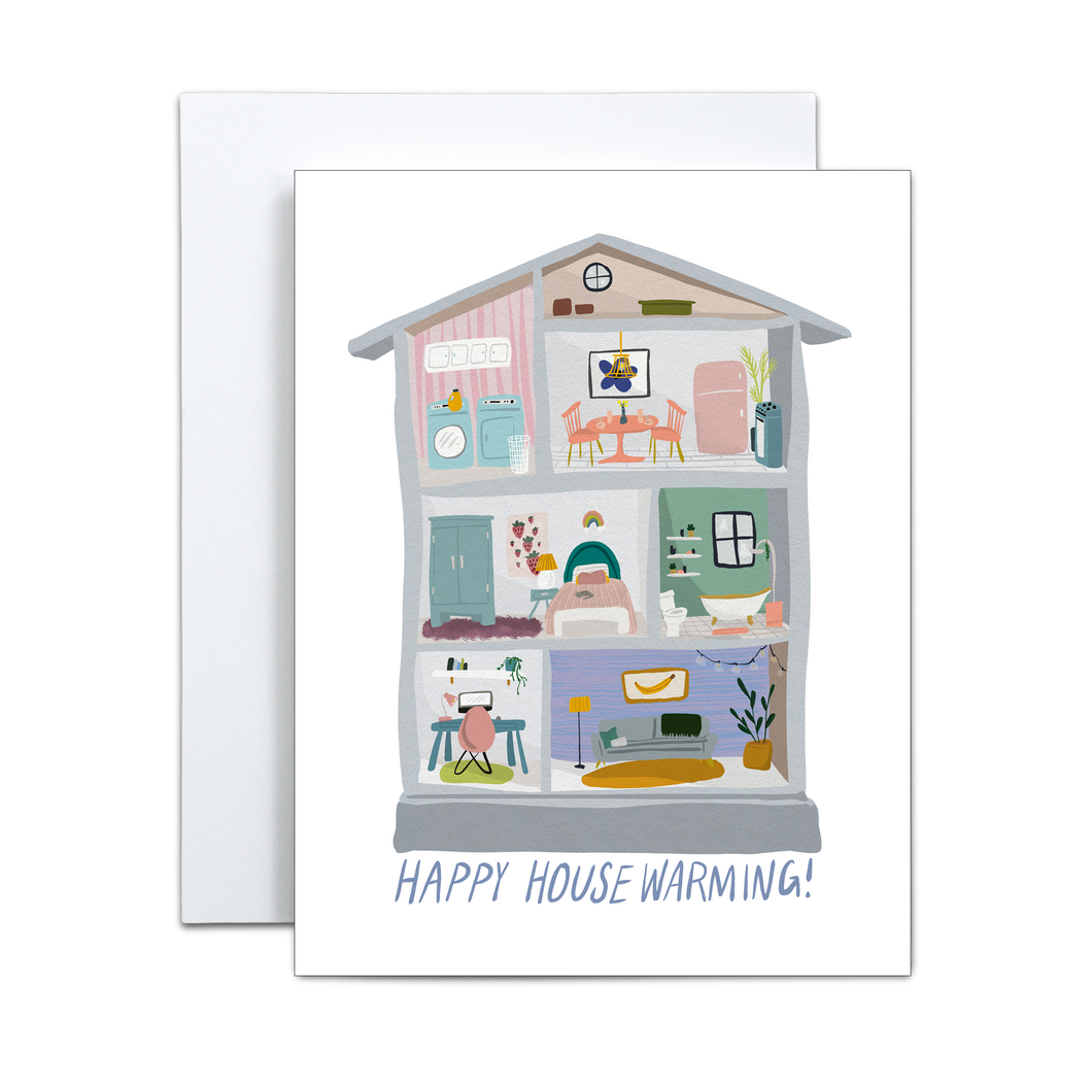 illustrated dollhouse with numerous types of rooms with 'happy housewarming' in blue at the bottom greeting card