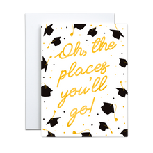 Load image into Gallery viewer, pattern of illustrated black graduation caps with black and yellow dots with &#39;oh the places you&#39;ll go&#39; written in yellow cursive in the center greeting card
