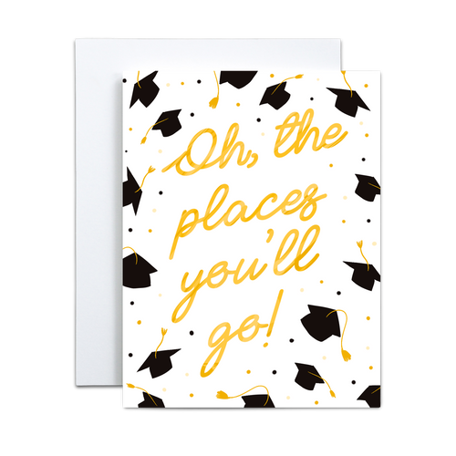 pattern of illustrated black graduation caps with black and yellow dots with 'oh the places you'll go' written in yellow cursive in the center greeting card