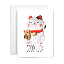 Load image into Gallery viewer, illustration of maneki neko figuring on a white background with &#39;good luck&#39; written in black below greeting card
