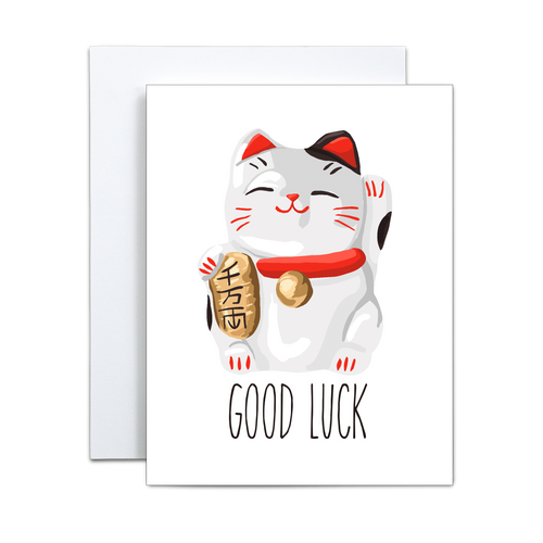 illustration of maneki neko figuring on a white background with 'good luck' written in black below greeting card