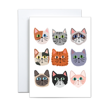 Load image into Gallery viewer, nine whimsical varying breed cat faces on a grid on a white background greeting card
