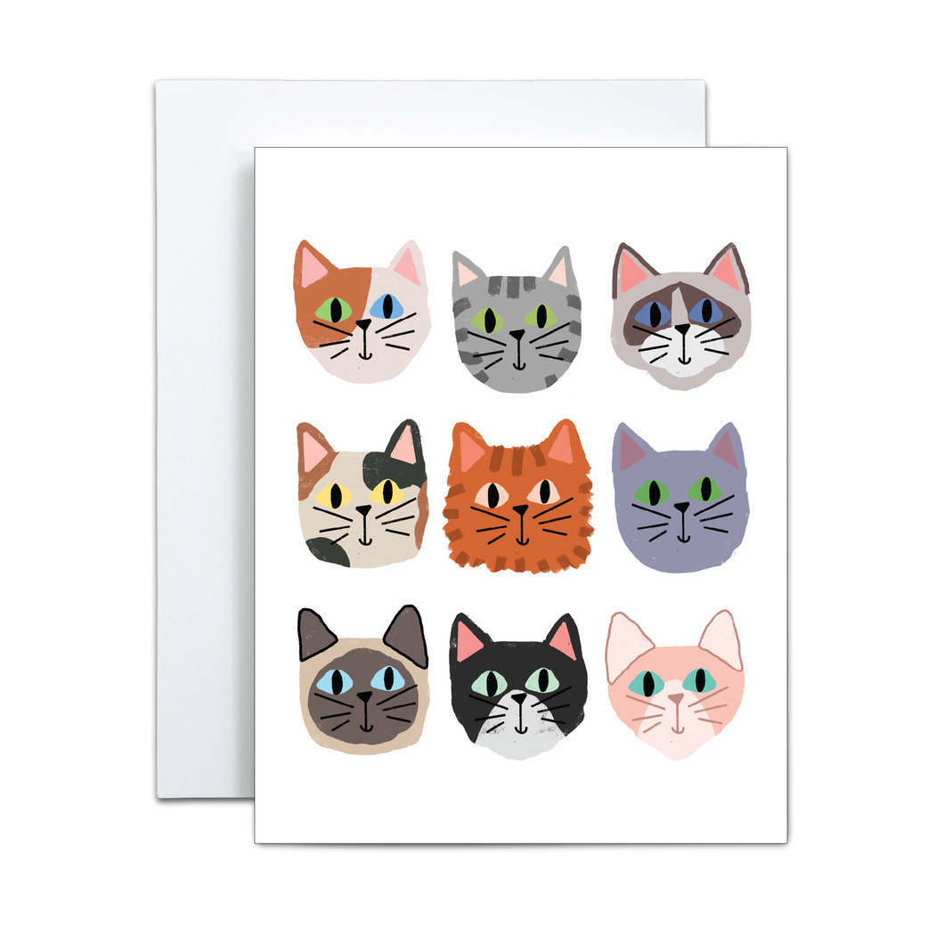 nine whimsical varying breed cat faces on a grid on a white background greeting card