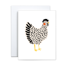 Load image into Gallery viewer, whimsical beige and black chicken illustration with a red circle on the cheek and yellow beak and feet on a white background greeting card
